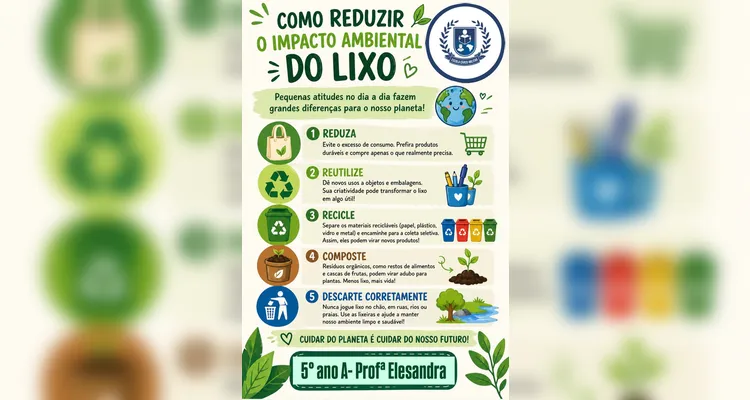A turma realizou variadas atividades, como o registro dos novos aprendizados, a busca por identificar o processo de separação de resíduos na escola e uma conversa com uma professora de outra turma.