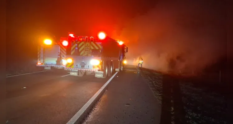 Incêndio destrói caminhão com carga de amendoim na BR-376 em Palmeira
