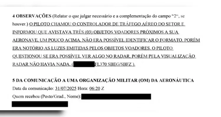 Pilotos relataram 18 casos de OVNIs no Brasil em 2025