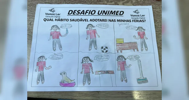 Os estudantes participaram do “Desafio Unimed”, escolhendo um hábito saudável que pretendem adotar durante as férias de fim de ano e representando essa decisão por meio de desenhos.