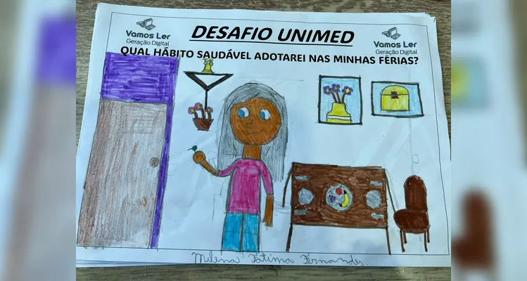 Os estudantes participaram do “Desafio Unimed”, escolhendo um hábito saudável que pretendem adotar durante as férias de fim de ano e representando essa decisão por meio de desenhos.