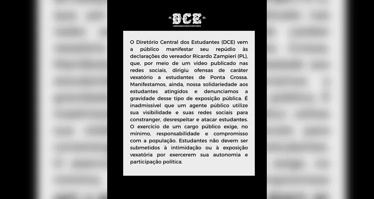 Entidade estudantil acusa parlamentar de dirigir ofensas vexatórias e ataques aos alunos em redes sociais