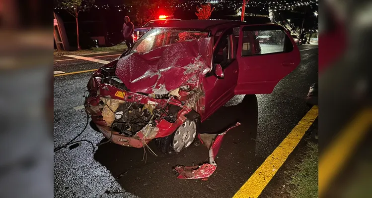 Com a força da batida, o carro ficou com a parte frontal completamente destruída.