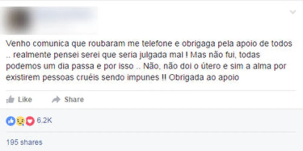 Vítima fez postagem no Facebook