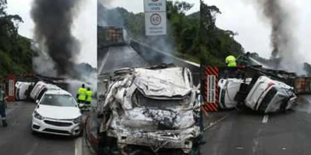 Imagem ilustrativa da imagem Caminhão-cegonha com carros 0 km tomba e pega fogo no PR