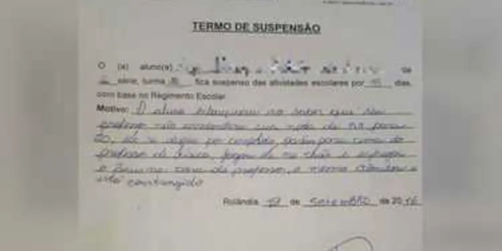 Imagem ilustrativa da imagem Brincadeira com termo de suspensão vira caso de polícia no PR