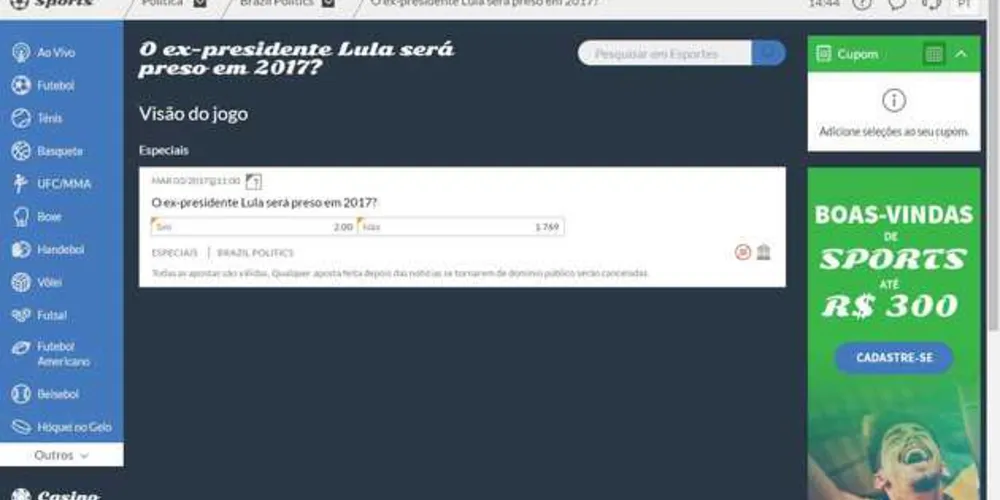 Site paga o dobro da aposta realizada em caso de prisão do ex-presidente Lula