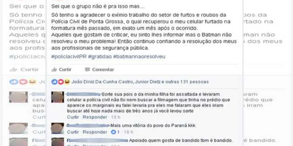 Imagem ilustrativa da imagem Morador de PG agradece trabalho da Polícia Civil