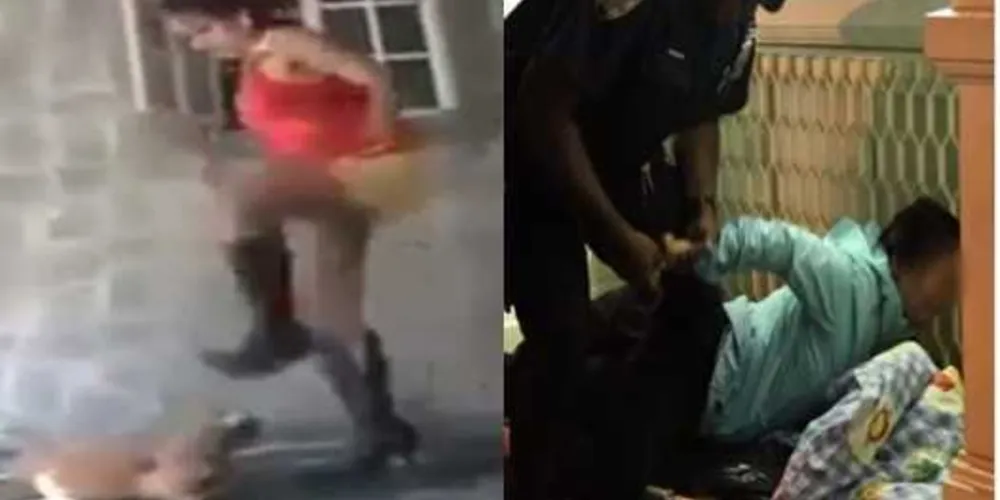 A agressora usa as pontas finas de sua bota
