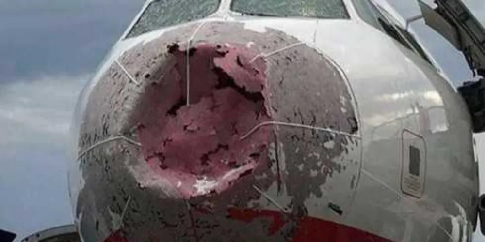 O bico da aeronave ficou completamente destruído pelas pedras de gelo/Foto: Arquivo Pessoal/ olexander scherba‏