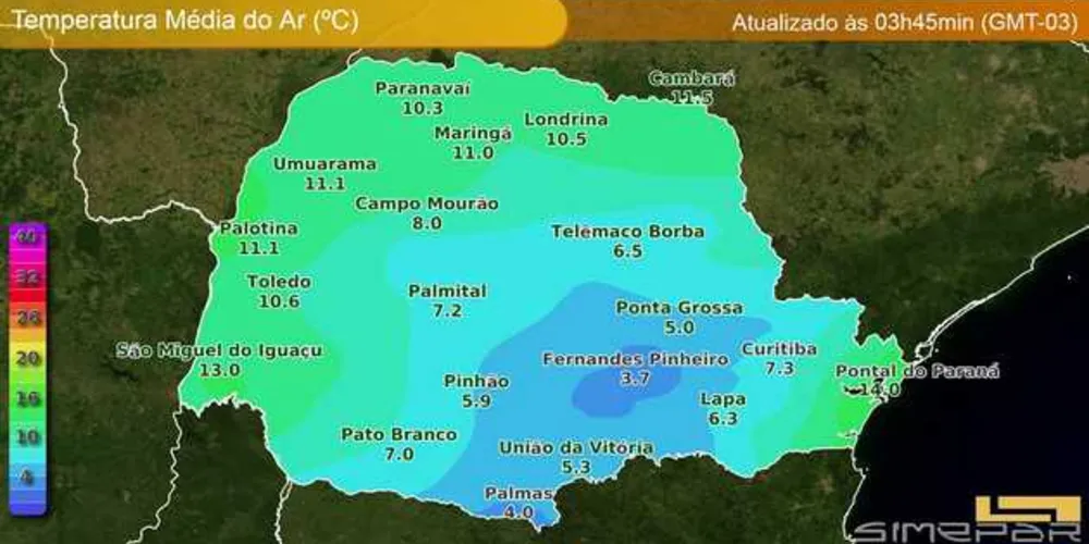 Às 3h45 de hoje, a temperatura mínima registrada em Ponta Grossa foi de 5°C/Foto: Divulgação Simepar