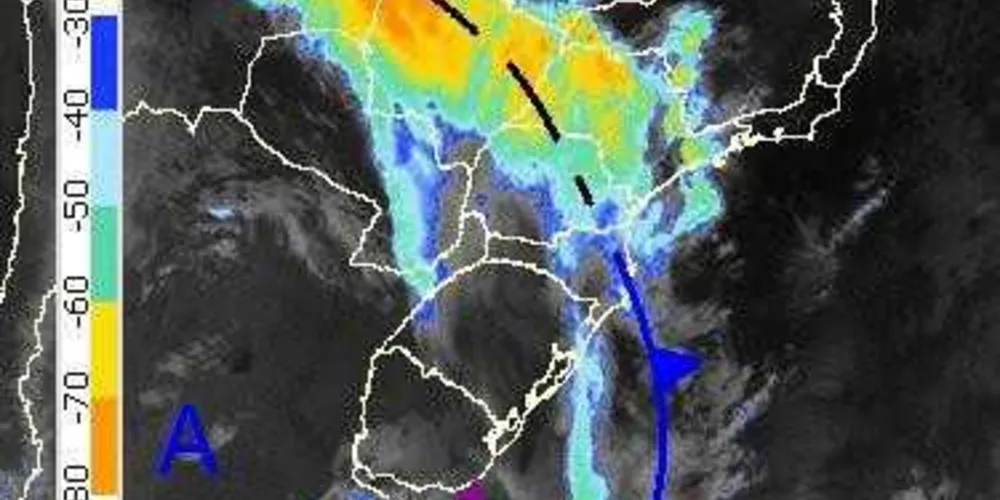 Imagem do satélite GOES de 05h35, mostrando o eixo da frente fria e baixa pressão se afastando do Paraná/Foto: Divulgação Simepar