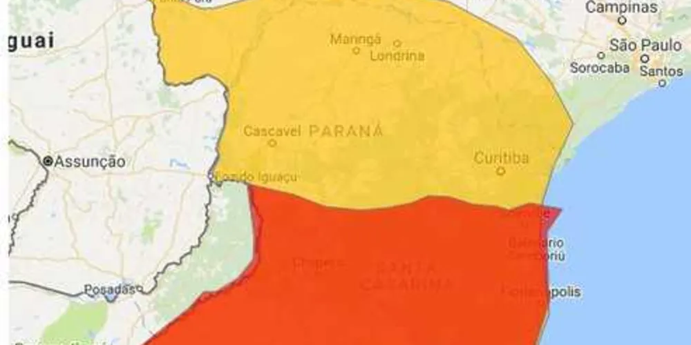 Alerta de tempestades emitido pelo CPTEC vigente para o Sul do Brasil/Foto: Divulgação CPTEC