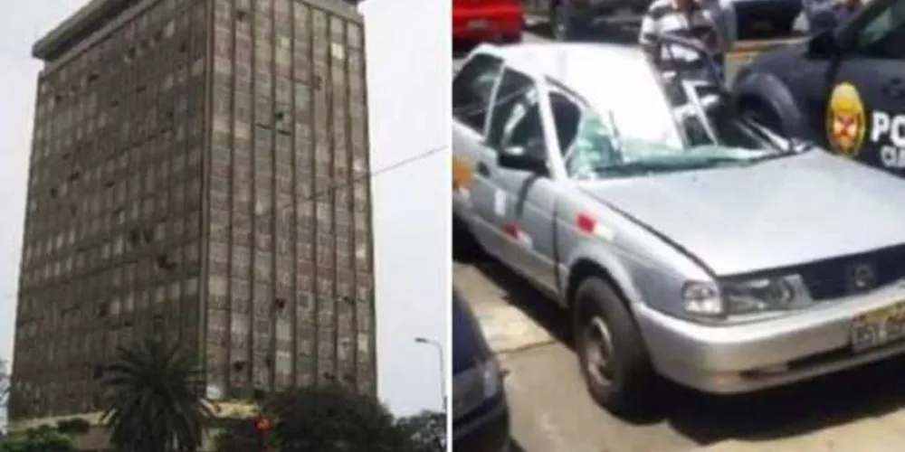 Táxi é visto com teto destruído após homem cair do 18° andar de um prédio em Lima, Peru/Foto: Reprodução