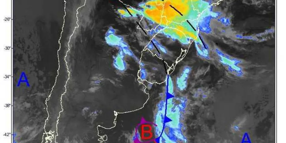 Imagem do satélite GOES mostrando as nuvens de chuva sobre o Paraná/Foto: Divulgação Simepar