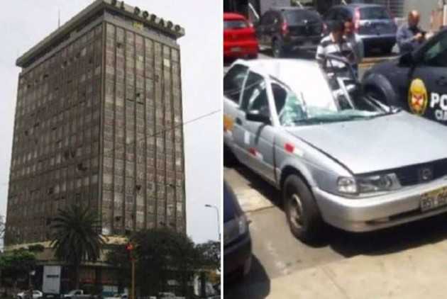 Táxi é visto com teto destruído após homem cair do 18° andar de um prédio em Lima, Peru/Foto: Reprodução