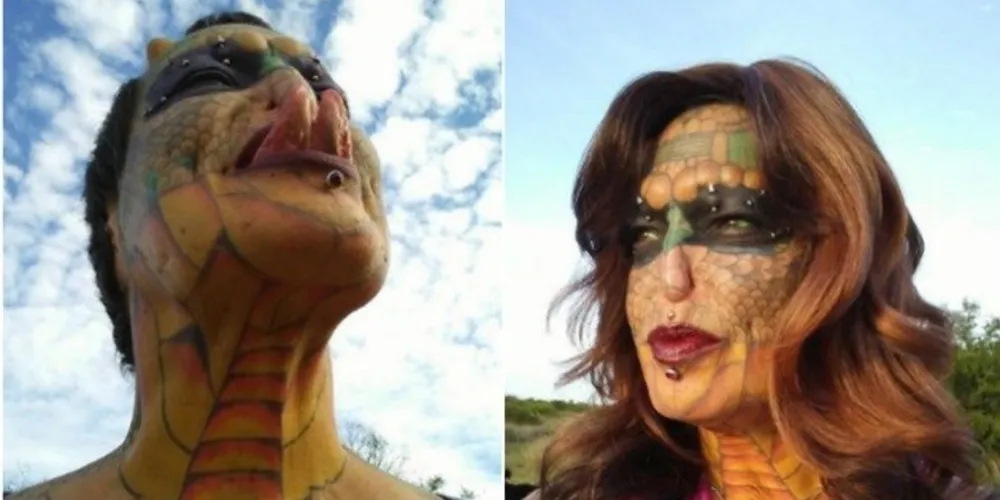 Mulher réptil transgênero posa com suas tatuagens, piercings e de peruca/Foto: Reprodução Instagram/tiamatdragonlady