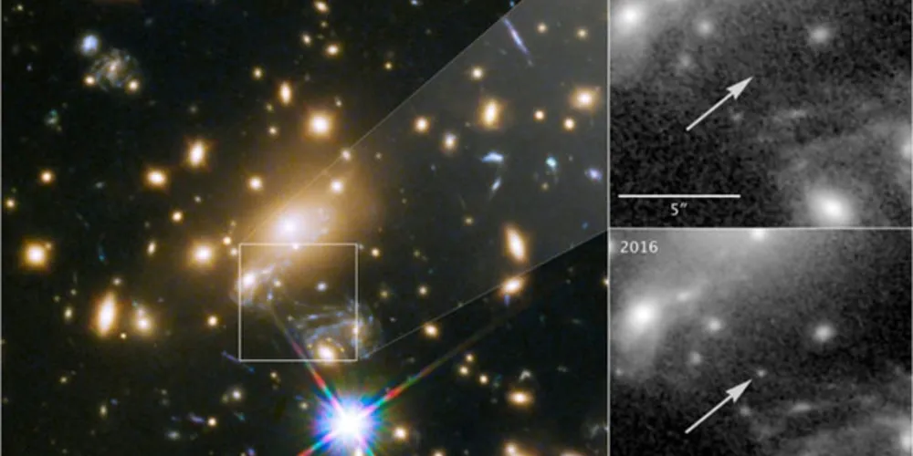 Aglomerado de galáxias MACS J1149+2223 com a estrela, apelidada Ícaro/Foto: Nasa/ESA/P. Kelly (Universidade de Minnesota)