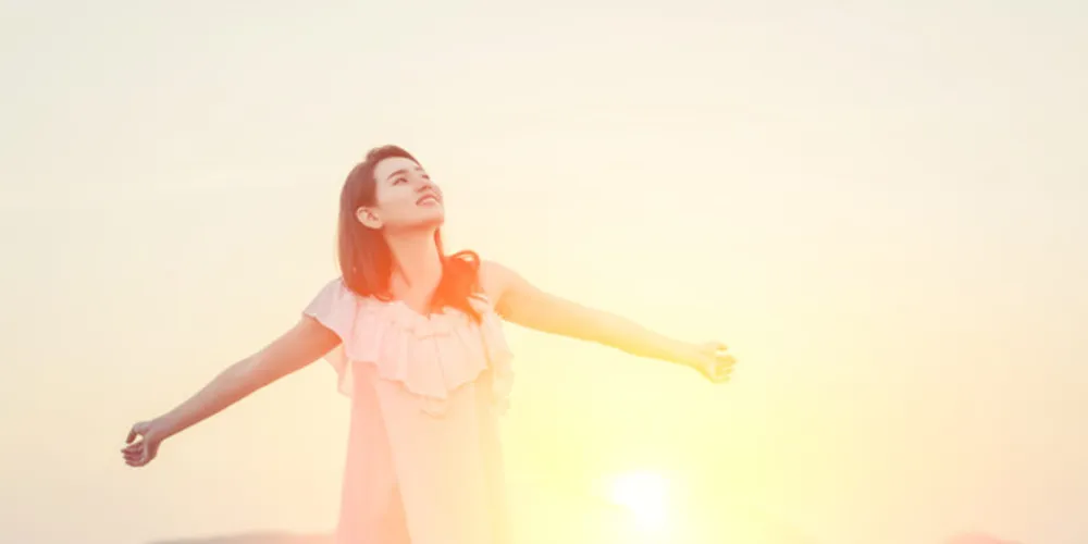 Beauty Girl Outdoors enjoying nature. wake up in the morning with sunrise.dream soft style.