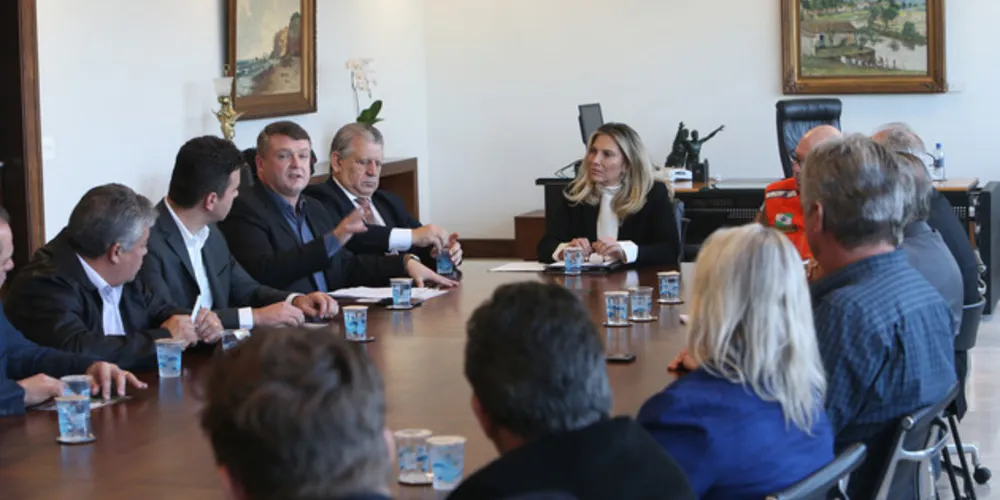 Governadora Cida Borghetti recebe o presidente da Associação dos Municípios do Paraná (AMP) e prefeito de Coronel Vivida, no Sudoeste do Estado, Frank Ariel Schiavini e prefeitos de outras regiões do Estado.
Curitiba, 29/05/2018.
Foto: Orlando Kissner/ANPr
