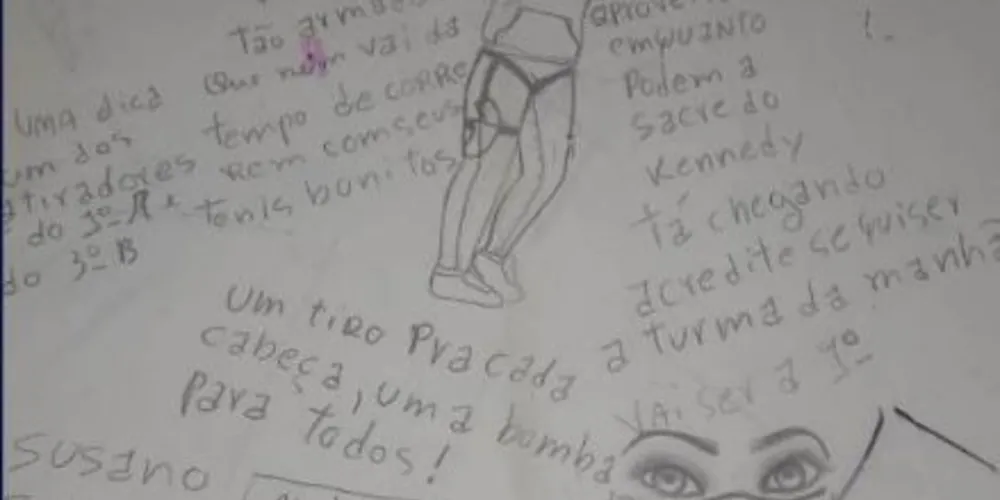Na imagem encontrada é possível ver o desenho de duas pessoas que escondem o rosto com um lenço