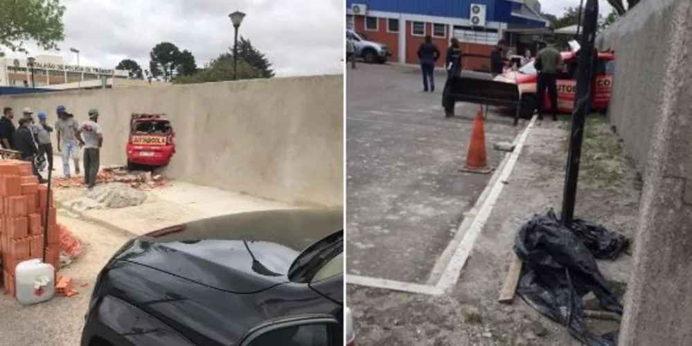 Nas imagens postadas no microblog Twitter, pelo usuário unfckwittvble (@thithiprado), é possível ver os pedreiros olhando para o muro