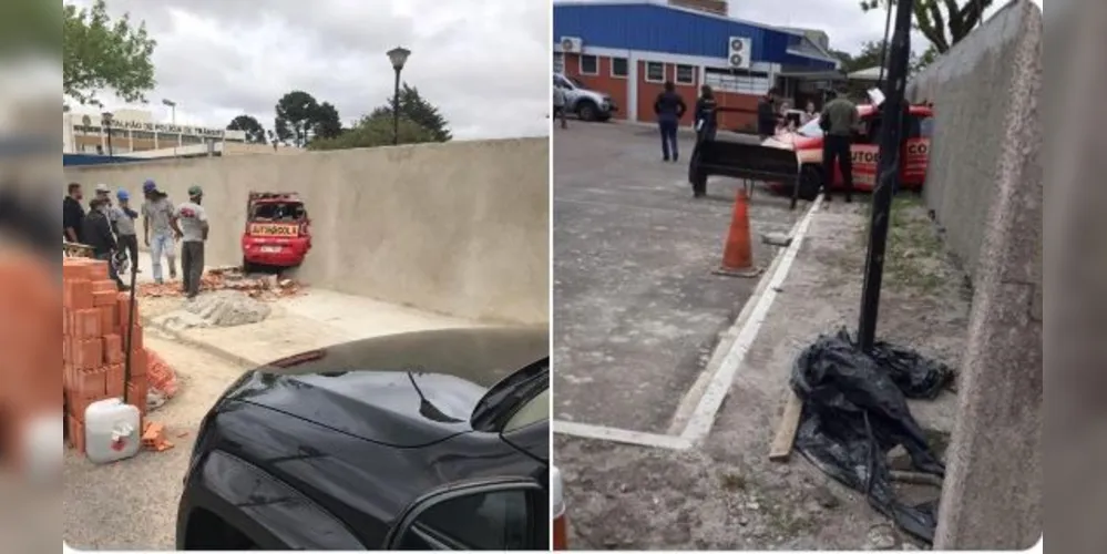 Nas imagens postadas no microblog Twitter, pelo usuário unfckwittvble (@thithiprado), é possível ver os pedreiros olhando para o muro