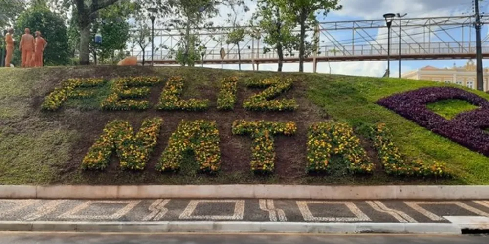Equipe de paisagismo da Secretaria de Meio Ambiente plantou mudas de flores formando as palavras "Feliz Natal"