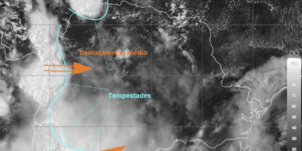 O alerta é do Instituto Meteorológico Simepar, que analisa também a presença de um sistema de baixa pressão sobre o Paraguai, o que amplia as condições de instabilidade sobre o estado.