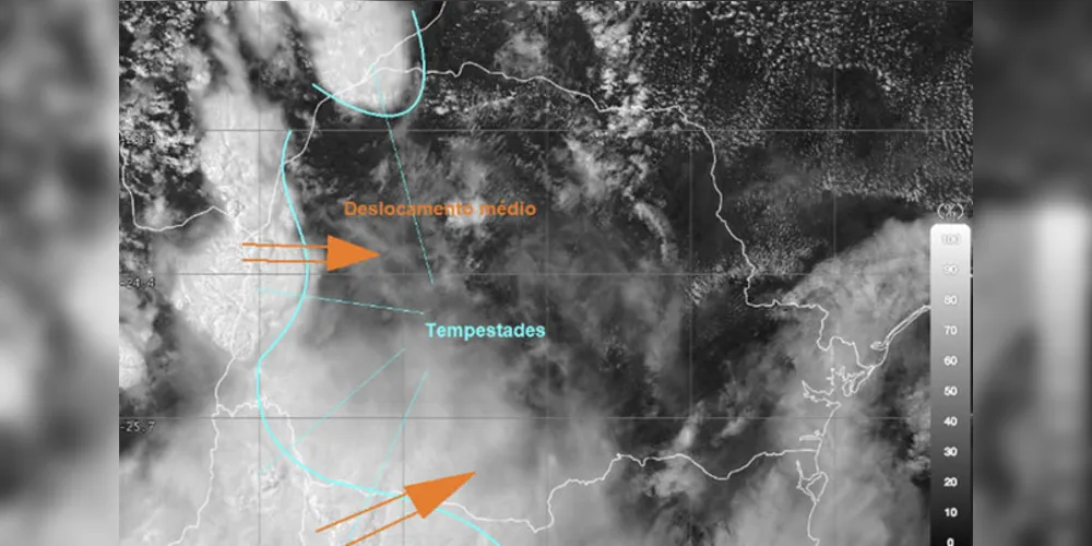 O alerta é do Instituto Meteorológico Simepar, que analisa também a presença de um sistema de baixa pressão sobre o Paraguai, o que amplia as condições de instabilidade sobre o estado.