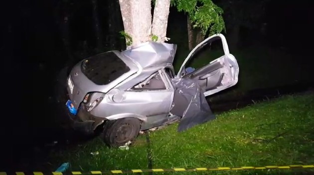 As vítimas ocupavam um automóvel Celta que ficou destruído ao atingir uma árvore