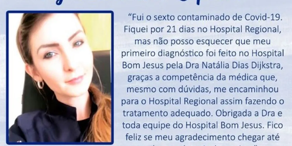 Médica Natália Dias Dijkstra recebeu carta de agradecimento