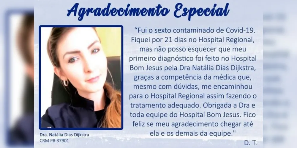 Médica Natália Dias Dijkstra recebeu carta de agradecimento