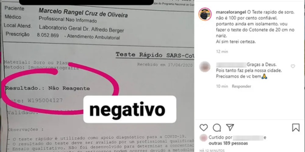 Prefeito divulgou resultado de seu teste rápido para covid-19 no Instagram