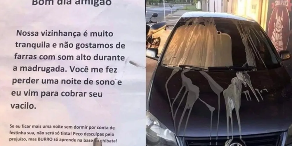 No bilhete, o autor reclama de som alto na região, alegando que a vizinhança é tranquila e que o proprietário do veículo teria feito uma “farra com som alto”