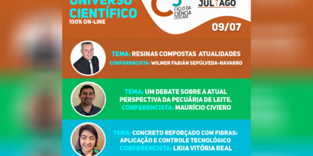 Nesta quinta-feira (09), o Ciclo da Ciência das Faculdades Cescage apresentará três salas virtuais com debates nas áreas da Saúde, Agrarias e Exatas