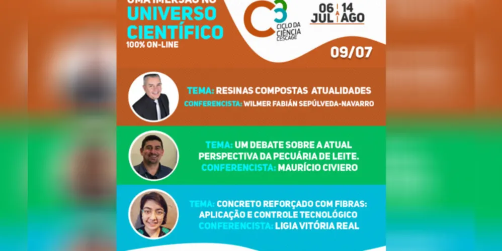 Nesta quinta-feira (09), o Ciclo da Ciência das Faculdades Cescage apresentará três salas virtuais com debates nas áreas da Saúde, Agrarias e Exatas