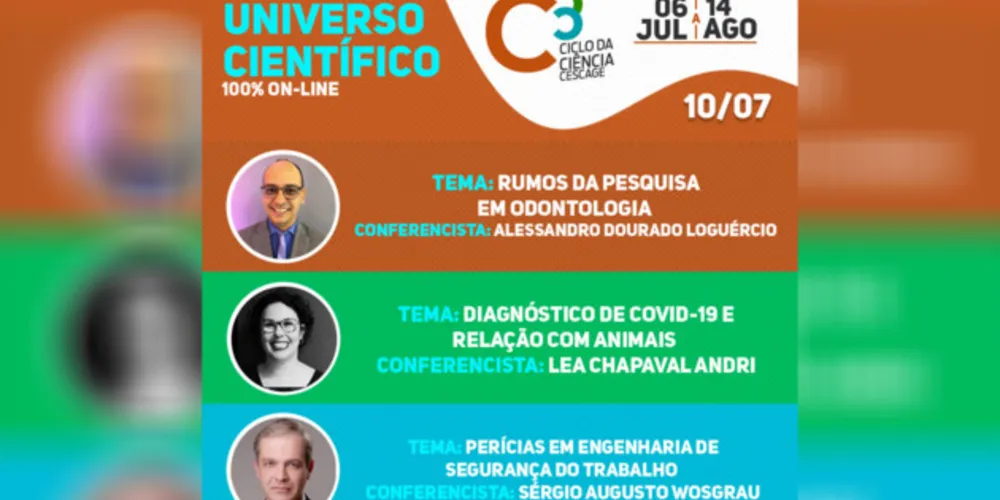 Nesta quinta-feira (09), o Ciclo da Ciência das Faculdades Cescage apresentará três salas virtuais com debates nas áreas da Saúde, Agrarias e Exatas.