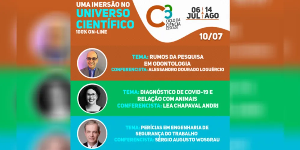 Nesta quinta-feira (09), o Ciclo da Ciência das Faculdades Cescage apresentará três salas virtuais com debates nas áreas da Saúde, Agrarias e Exatas.