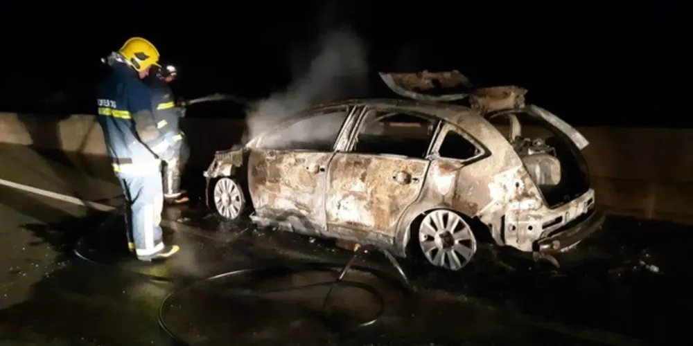 Fogo se espalhou rapidamente, mas casal que viajava pela BR-376 teve tempo de sair ileso