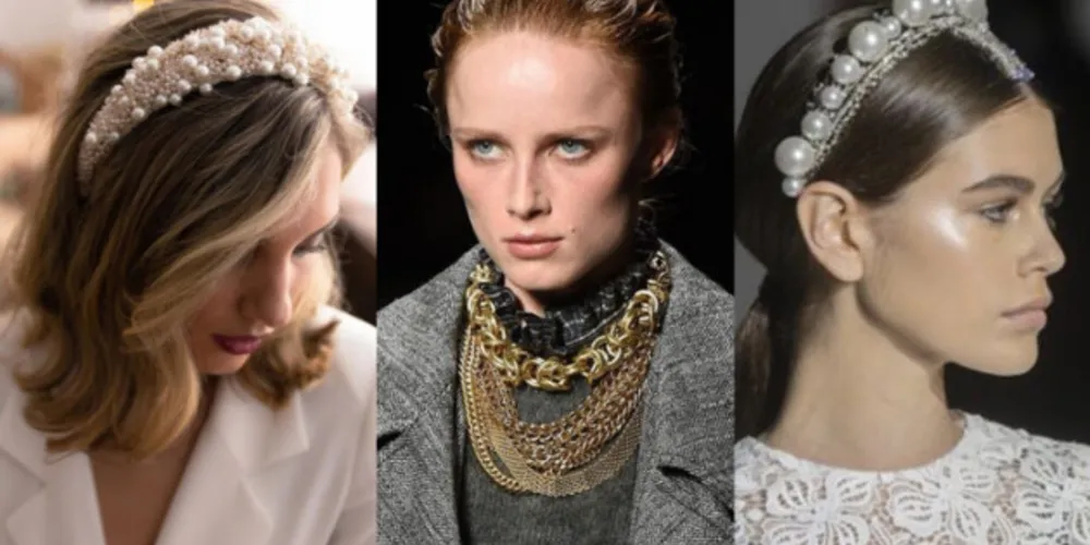 Pérolas clássicas se destacam não apenas em brincos, mas também no formato de tiaras robustas, estilo coroas.