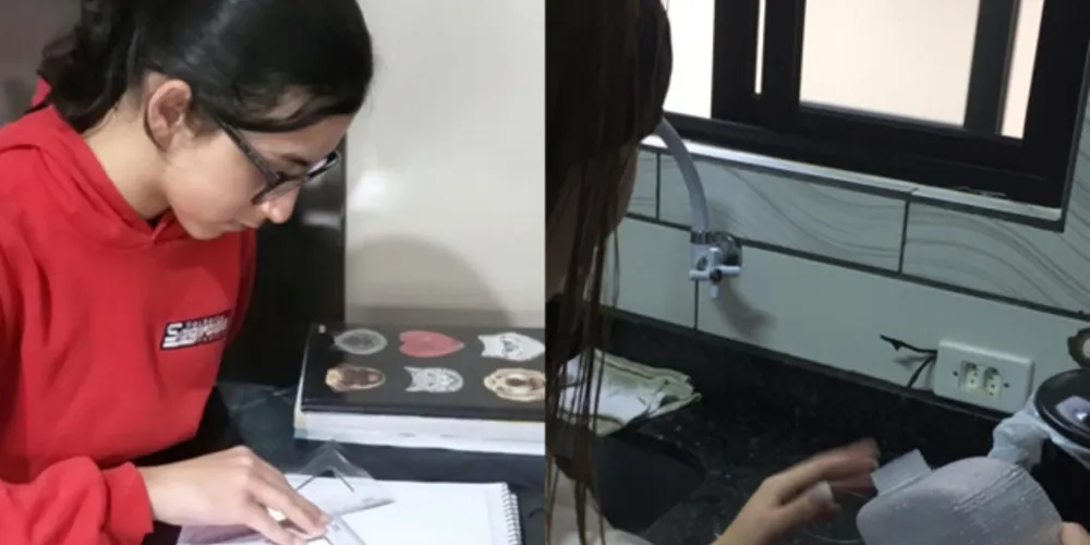 Usar esquadros para estudar foi uma dificuldade encontrada pela aluna Grazielly do Bomfim Antisko que simulou deficiência motora/A aluna Luiza Galvão Matoso, ao servir água, mostra a dificuldade do deficiente visual em tarefas do cotidiano