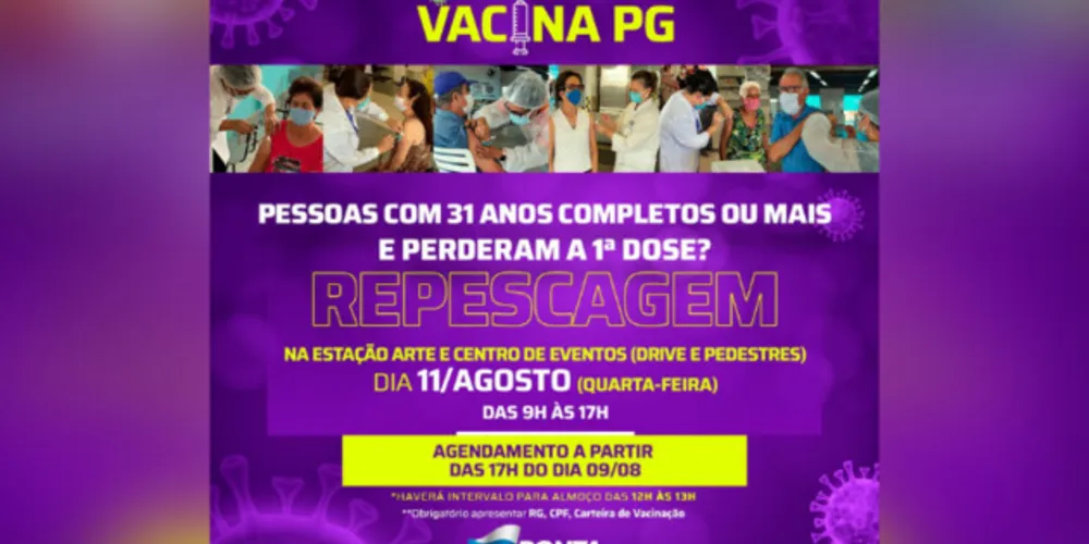 Prefeitura realiza aplicação de segunda dose para quem tomou Coronavac até dia 18 de julho, e também será feita repescagem para público de 31 anos ou mais que não conseguiu se vacina