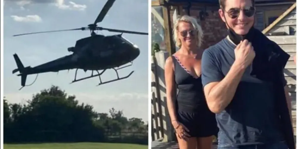 O helicóptero de Tom Cruise pousando no jardim de Alison Webb.