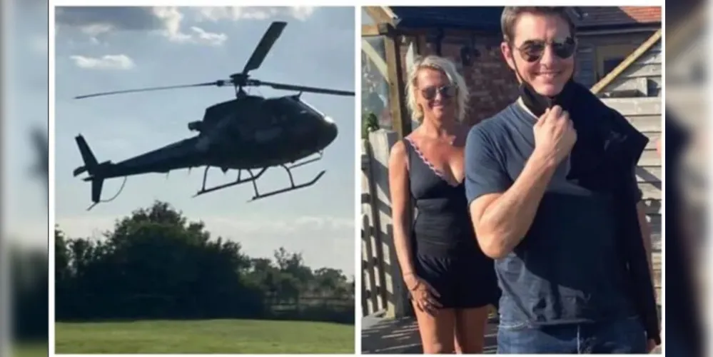 O helicóptero de Tom Cruise pousando no jardim de Alison Webb.