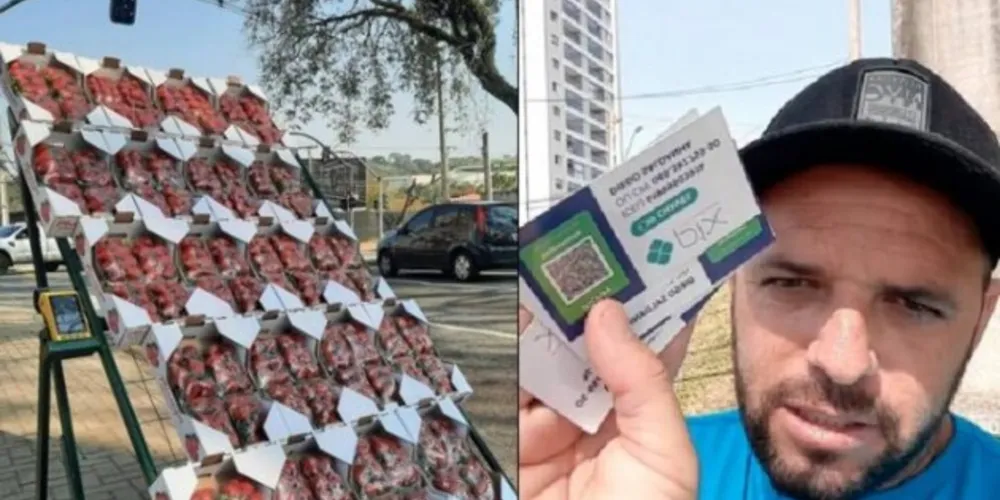  Junto com as caixas de morango, o empreendedor Diego Saldanha, de 35 anos, entrega rapidamente um cartão com o número da chave Pix. 