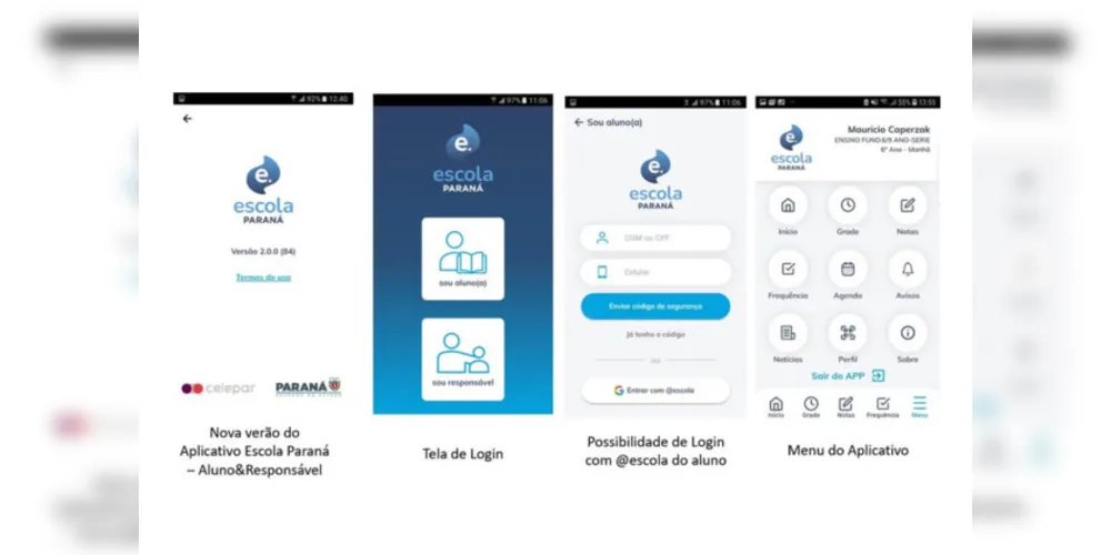Já está disponível na Google Play (para sistema Android) e na Apple Store (iOS) a nova versão do aplicativo Escola Paraná para alunos e pais ou responsáveis. Lançado em 2017, o aplicativo é gratuito e permite o acompanhamento do dia a dia da escola