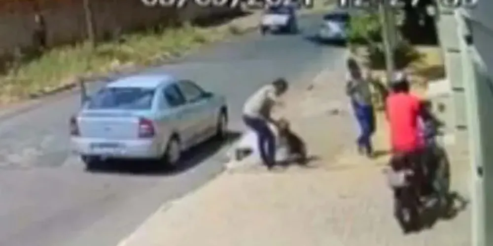 Agressor dá vários golpes na cabeça do animal e o puxa pela coleira até um veículo. Caso foi denunciado na polícia

