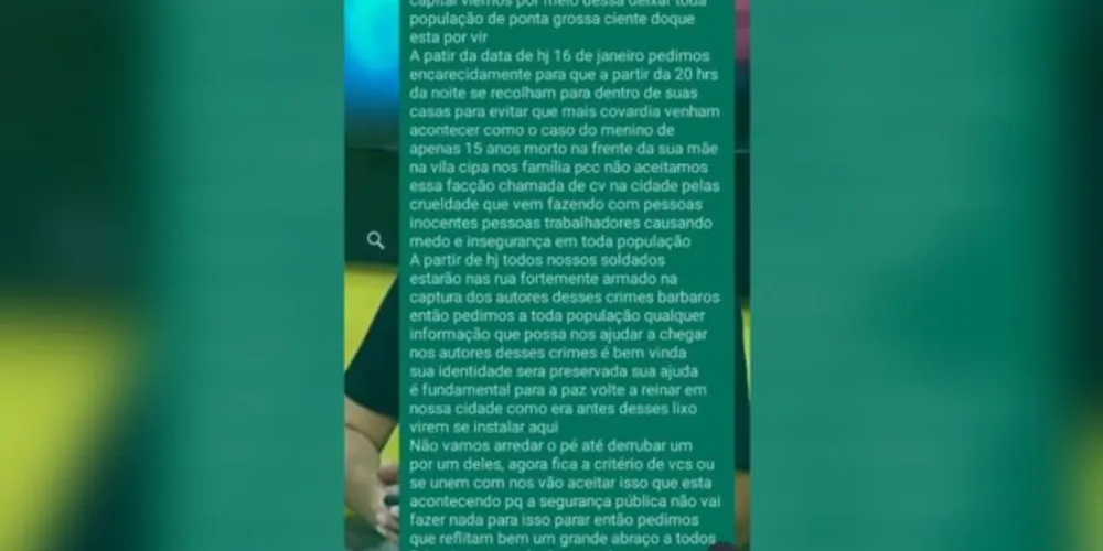 A carta sugere um 'toque de recolher' aos ponta-grossenses.