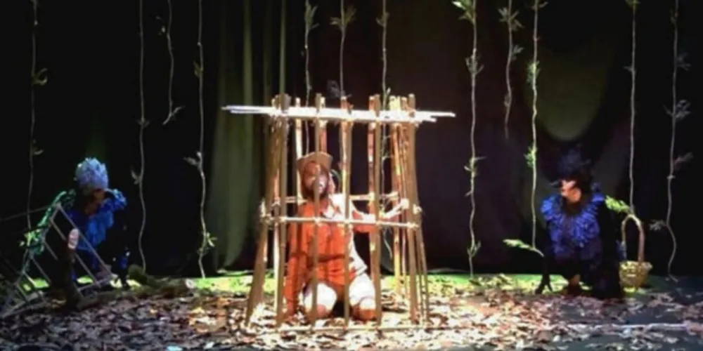 A peça "Arara, Gralha e Pinhão, até quando existirão" aborda de forma poética e envolvente temas relacionados à extinção de espécies, biopirataria e cuidados com a natureza